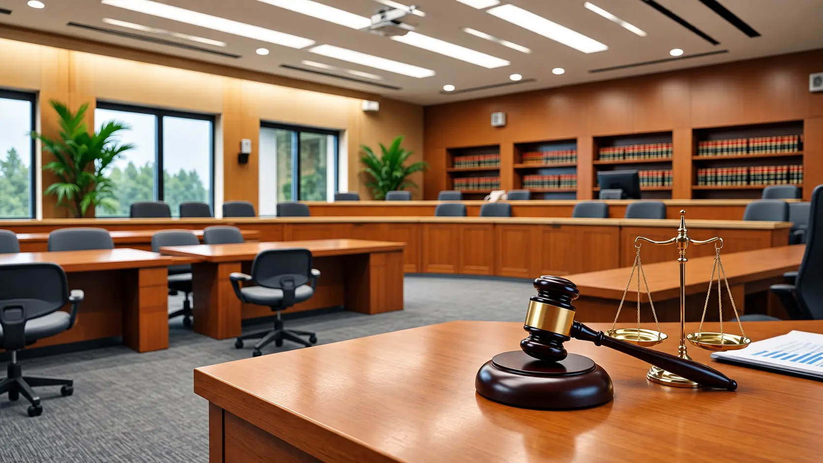 Ambiente de tribunal com símbolos da Justiça